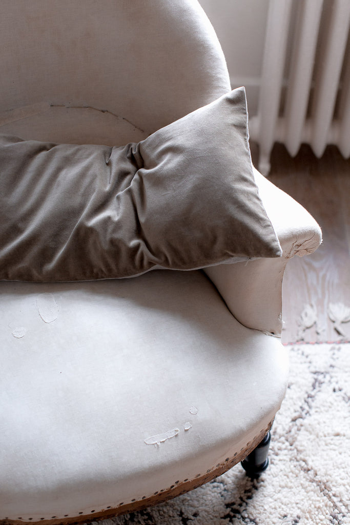 hand dyed warm grey velvet lumbar cushion 