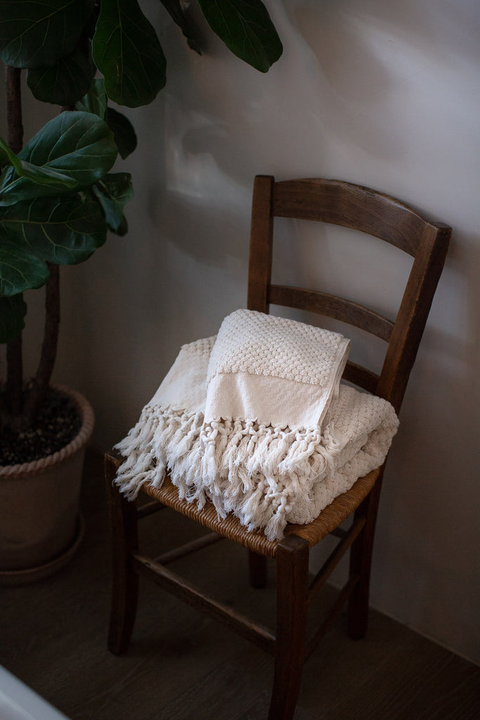handwoven organic cotton towels in ecru with tassels 