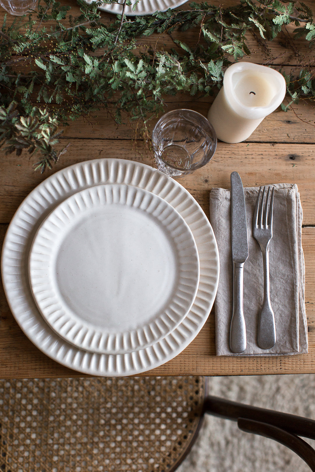fluted organic handmade plates and vintage cutlery