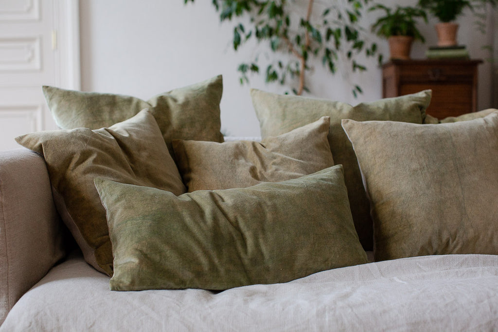 hand dyed green velvet sofa cushions