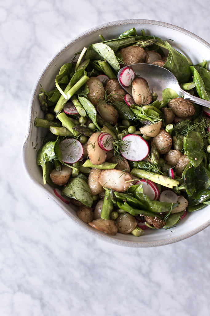 asparagus, peas, radishes, baby new potatoes summer salad