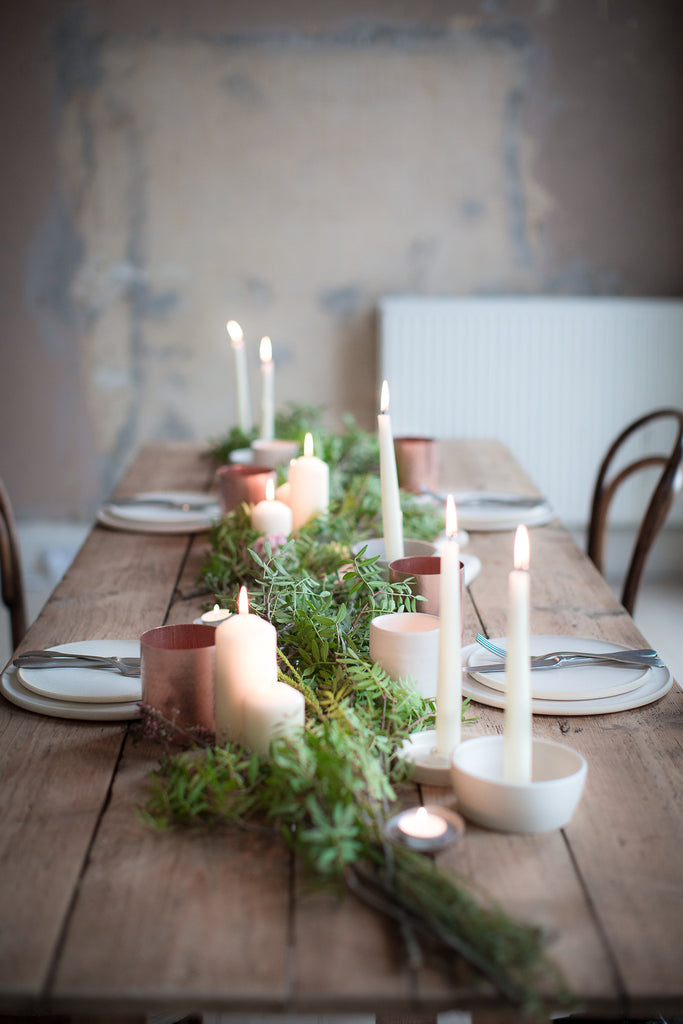 INGREDIENTS LDN leaves and copper tablescape 