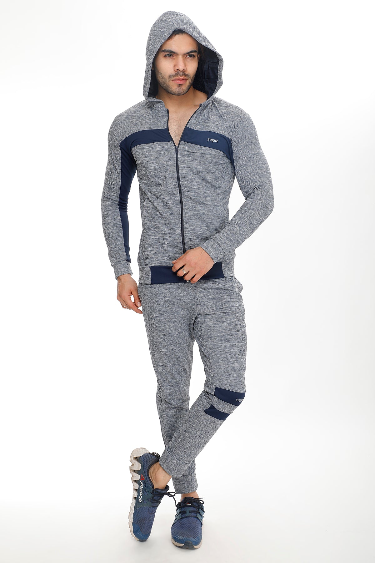 Grey Texture Tracksuit Navy Stripes - Yogue Activewear