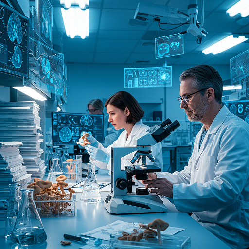 Scientists in a high-tech lab analyze mushroom samples under microscopes, with research papers and digital screens displaying brain scans and immune activity.