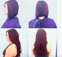 girl wearing 20 inch cherry red hair extensions by Queen C Hair