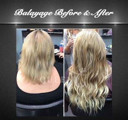 Girl wearing Balayage Ash Brown Ash Blonde Hair Extensions Before and After Hair Extensions