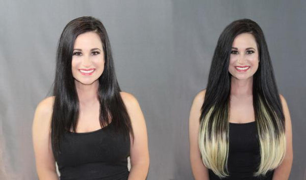 Before and After picture of girl wearing Balayage Hair Extensions from Queen C Hair