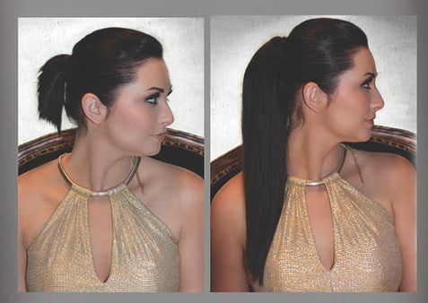 Girl wearing Mocha Dark Brown ponytail extension from Queen C Hair before and after picture