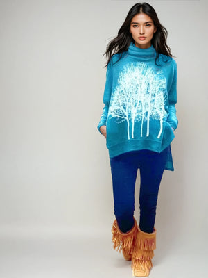 Fairytale Tree Oversized Turtleneck Fleecy Sweater -Emerald with white - avalove shop