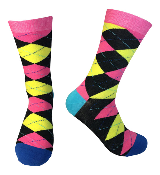 5 Pair Groomsmen Wedding Party Socks - Pink/Black/Yellow Argyle