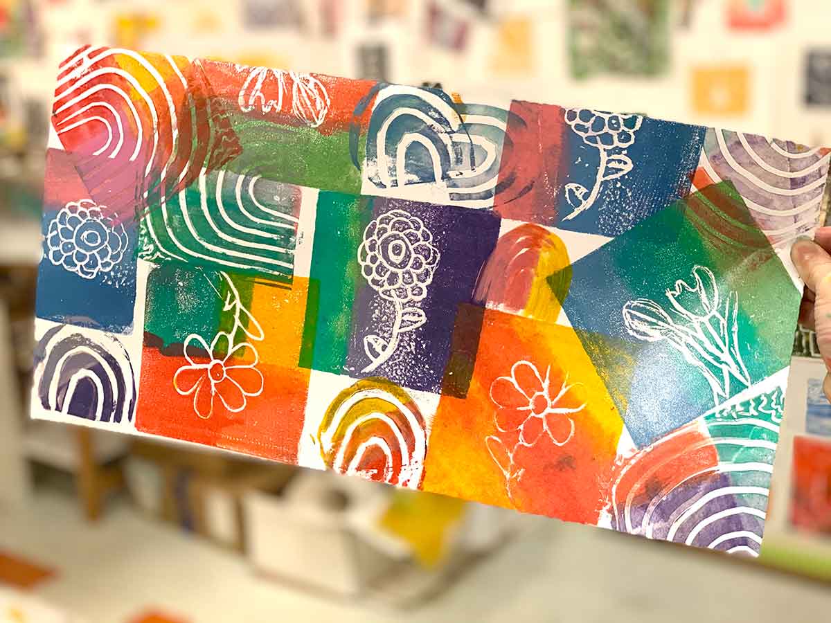 printmaking, flower and rainbow print, printmaking with kids, art studio for kids