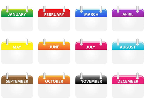 calendar showing 12 months on one sheet with coloured month headlines