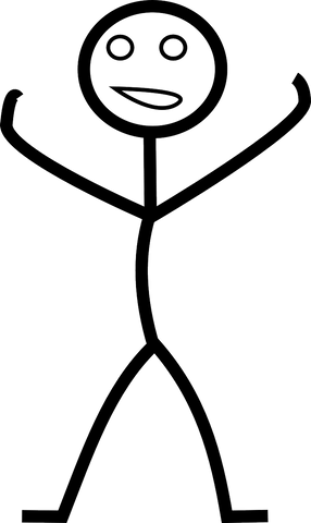 stick man looking at camera with arms out raised abouve head