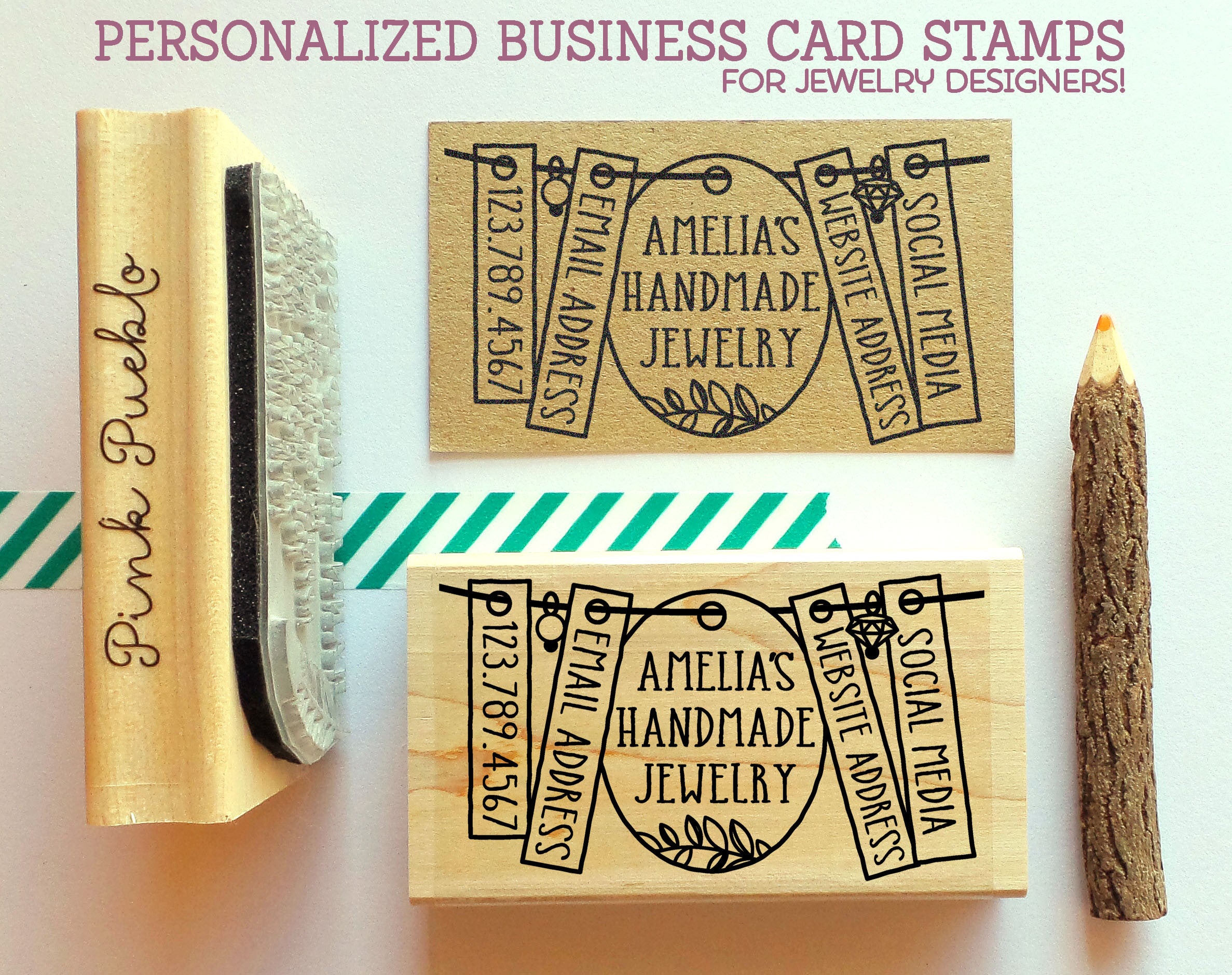 Personalized Business Card Stamp, Business Card Rubber Stamp, Jewelry - PinkPueblo