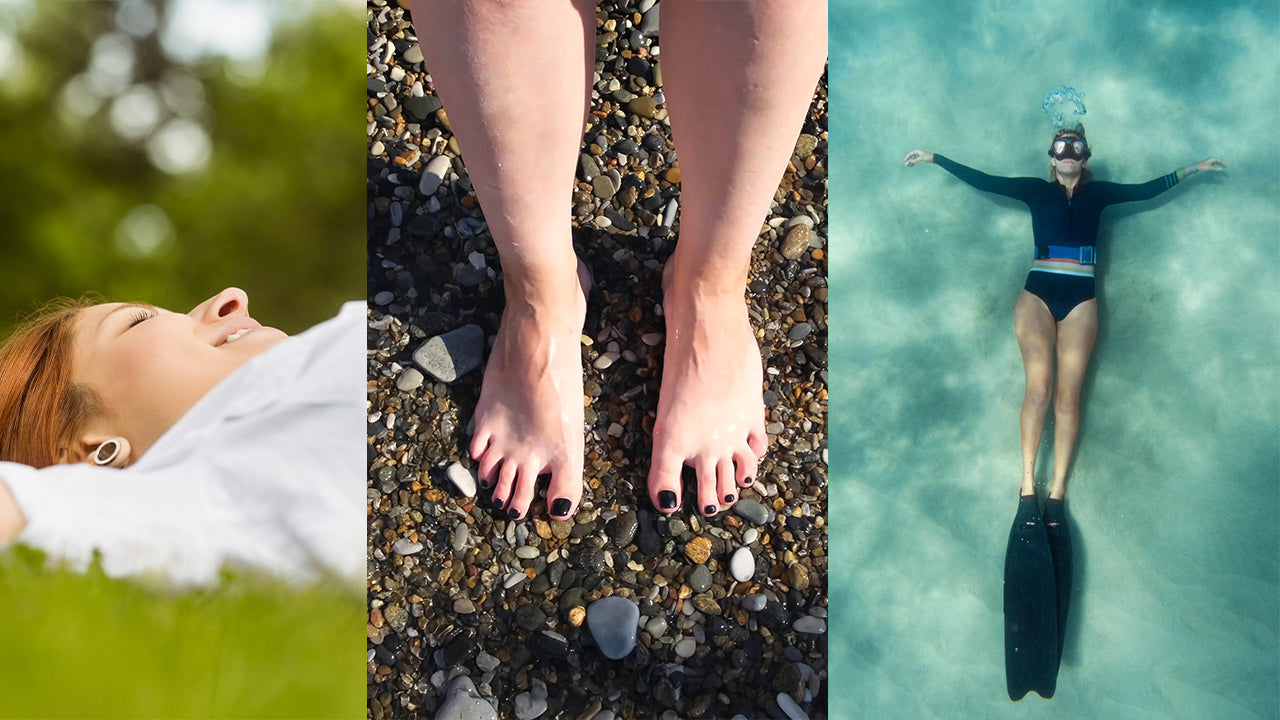 Natural grounding methods: grass relaxation, beach pebbles, and water immersion.