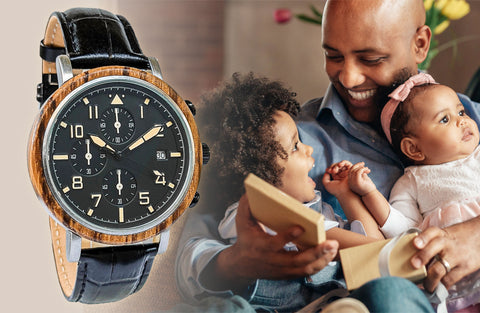 fathers receiving wooden watch as a gift