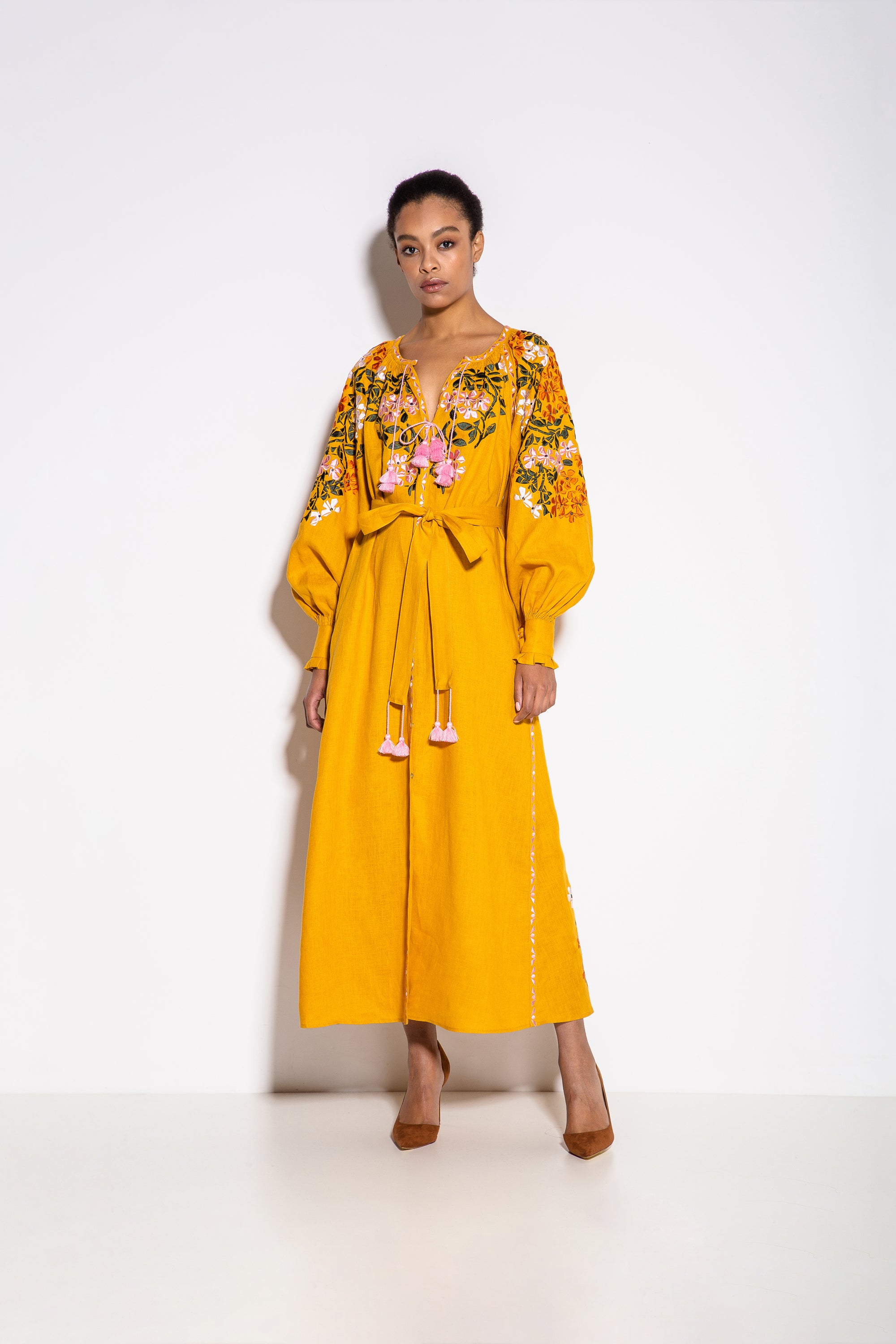 Gaudi Florals Classic Midi Dress in Yellow