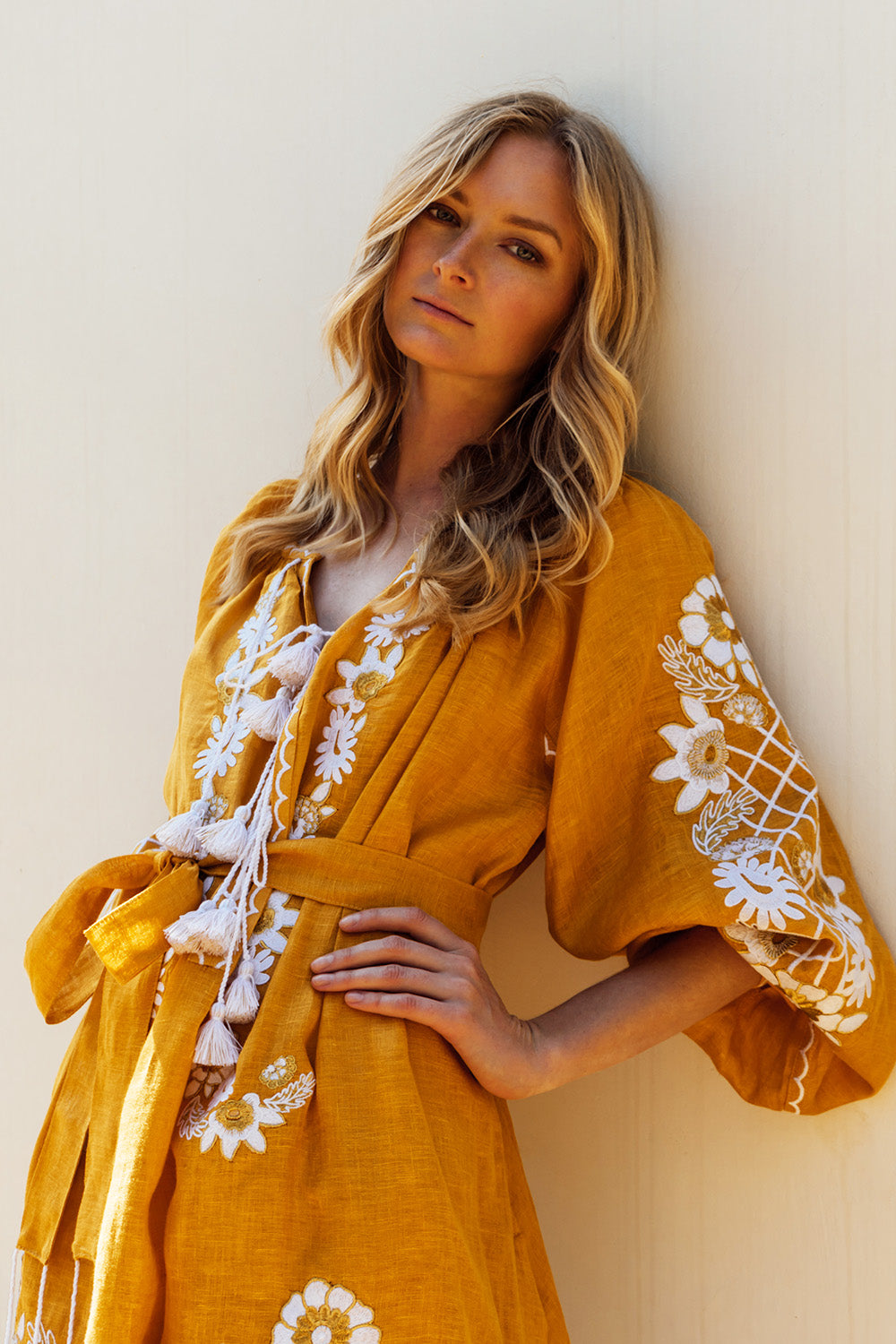 Flower Net Maxi Dress in Yellow with White and Gold