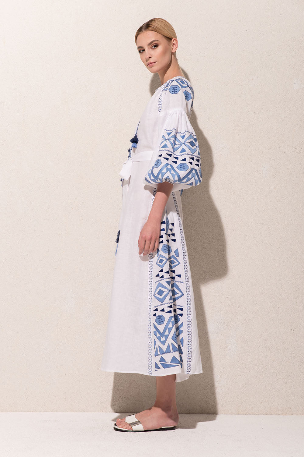 Kilim Maxi Dress in White with Blue