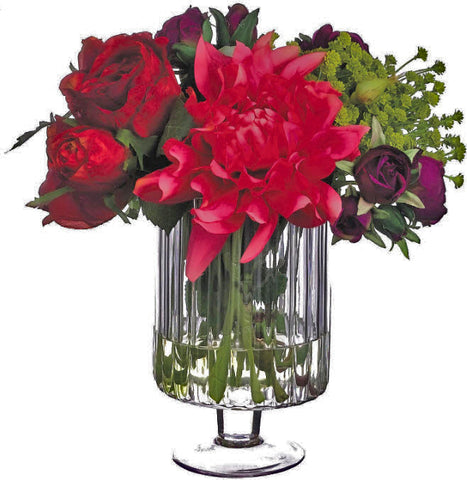 Lifelike Dahlia, Rose and Ranunculus Floral Arrangement in Footed Glass Vase