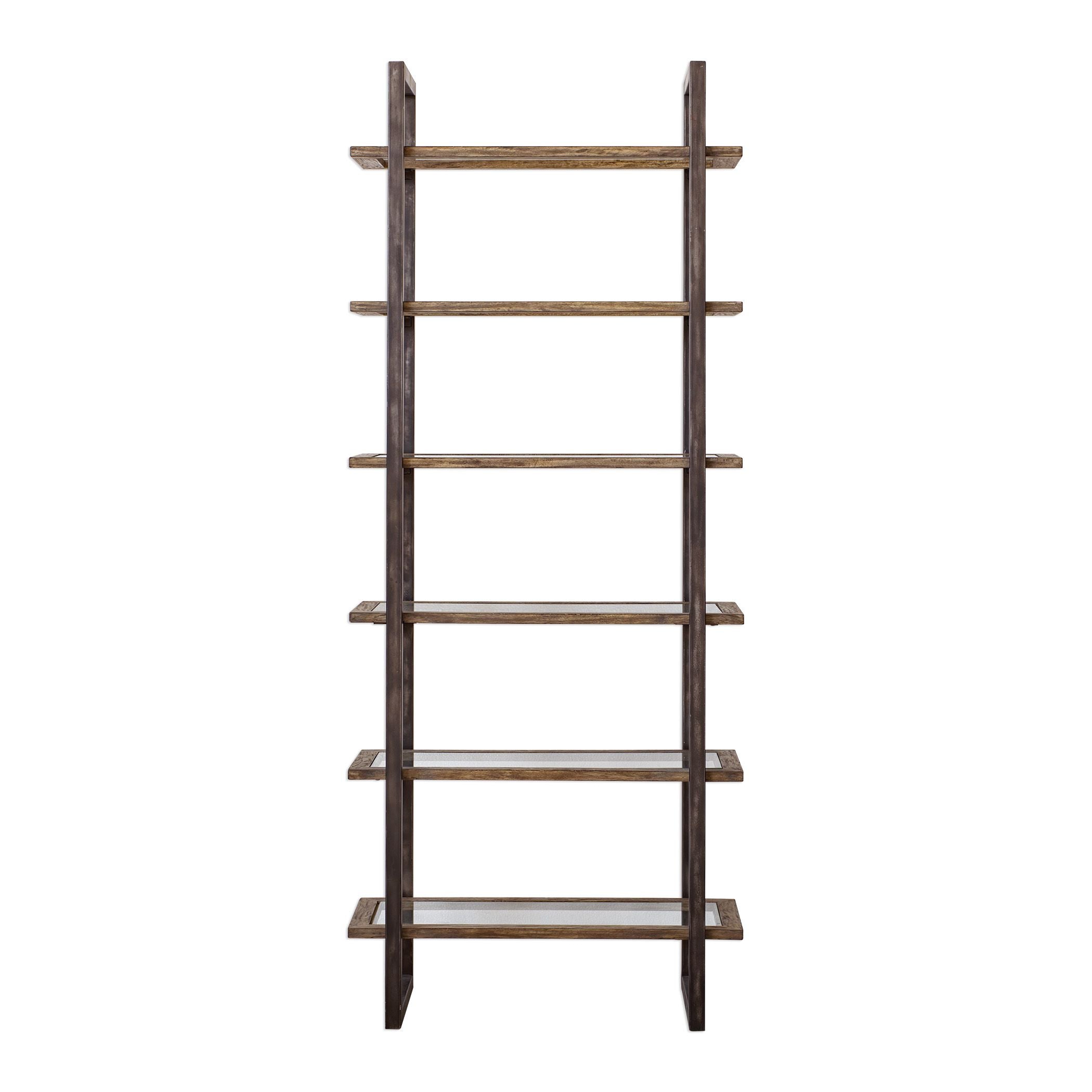 Olwyn Industrial Aged Steel Etagere With Inset Glass Shelves