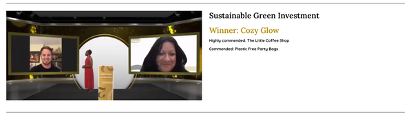 Cozy Glow Candles winning our award for sustainable green investment at the virtual awards ceremony in London 