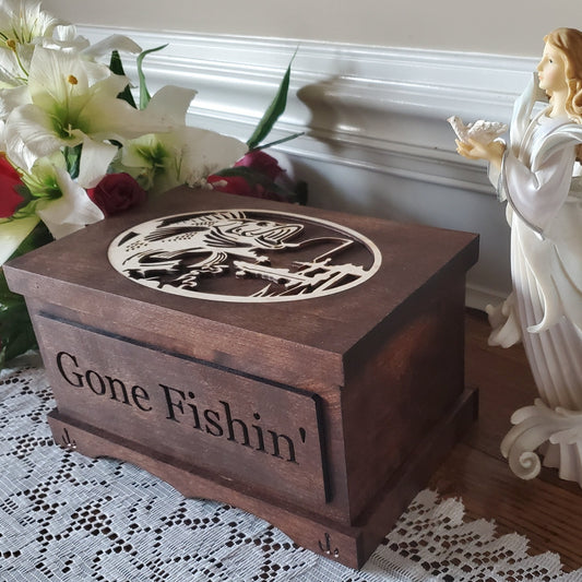 Gone Fishing Urn Made of Solid Wood, Personalized Carved Wooden