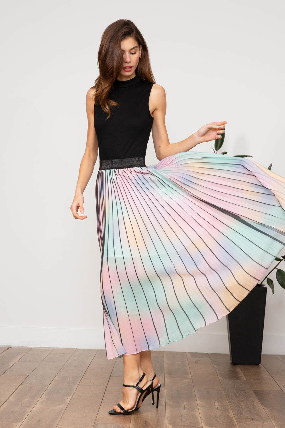 lucy paris rainbow pleated midi skirt