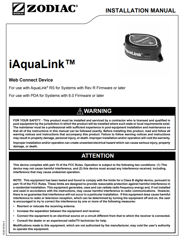 Zodiac Upgrade Kit RS Systems iAquaLink 2.0 PDF Installation Manual