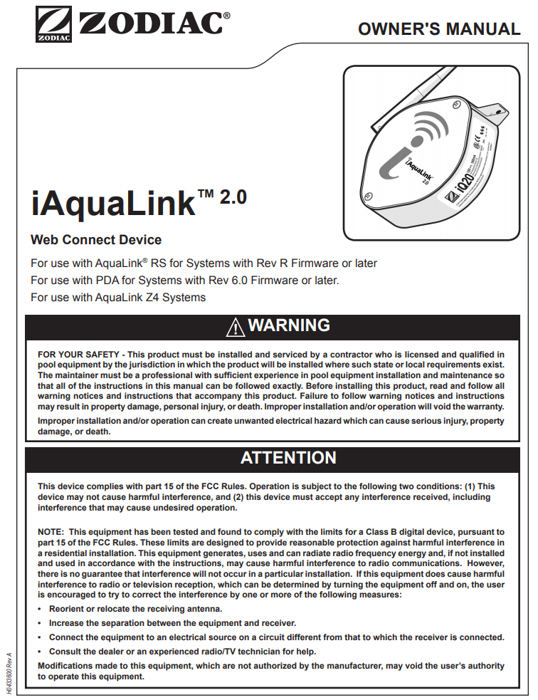 Zodiac Upgrade Kit RS Systems iAquaLink 2.0 PDF Owner's Manual– The