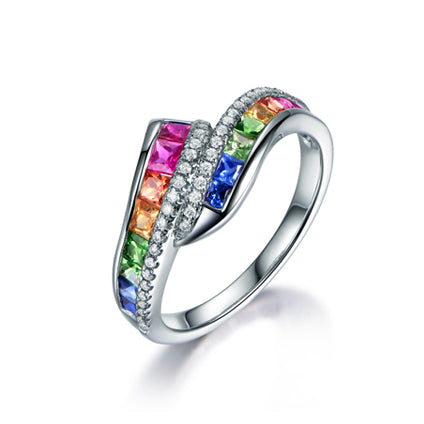 Rainbow Roll Ruby Sapphire Tsavorite Diamond Ring 18K Gold