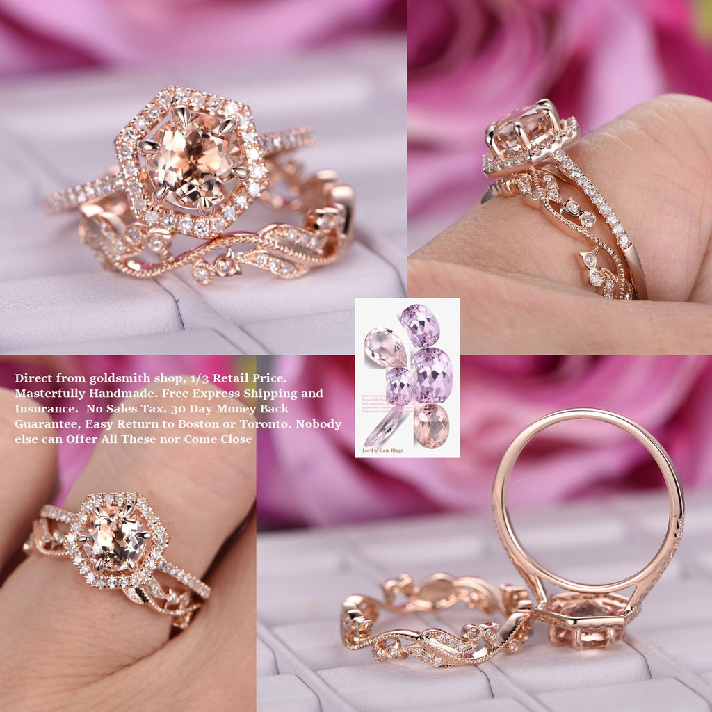 $799 Round Morganite Engagement Ring Sets Floral Wedding ...
