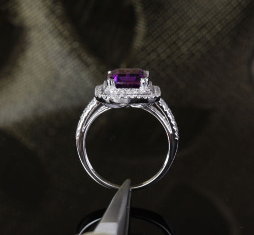 Emerald Cut Amethyst Engagement Ring Pave Diamond Wedding 14k White Gold 8x10mm Double Halo - Lord of Gem Rings - 5