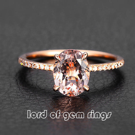 Oval Morganite Engament Ring Pave Diamond Wedding 14k Rose Gold 6x8mm - Lord of Gem Rings - 1