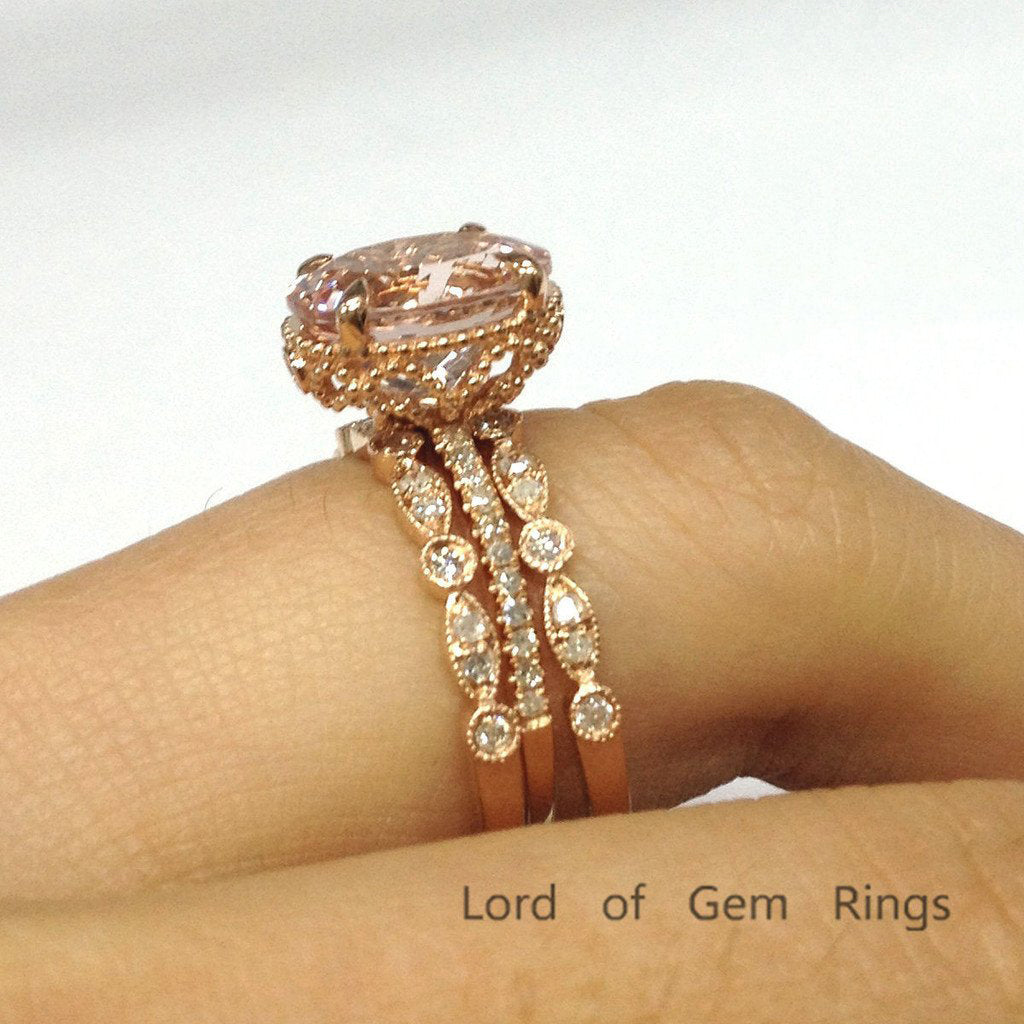 1088 Oval Morganite Engagement Ring Trio Sets Pave Diamond Wedding