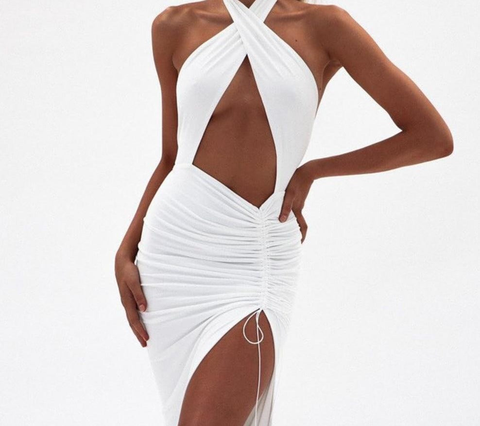 Cross Halter Backless Irregular Hollow Ruched Maxi Dresses