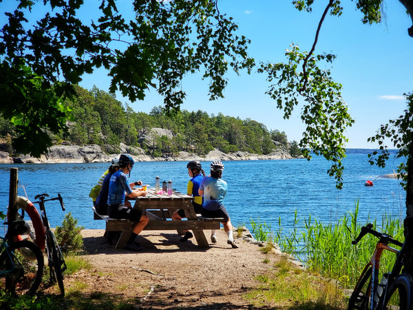 London cyclists by a lake on holiday in Sweeden