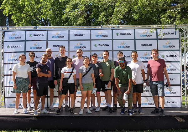 Group of cyclists on a stage