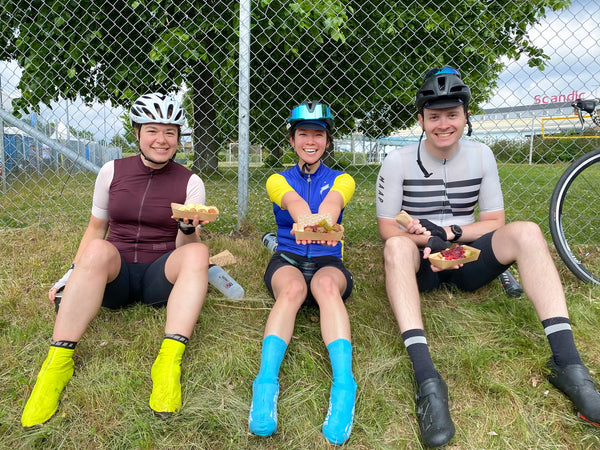 Cyclists eating meatballs in Sweden