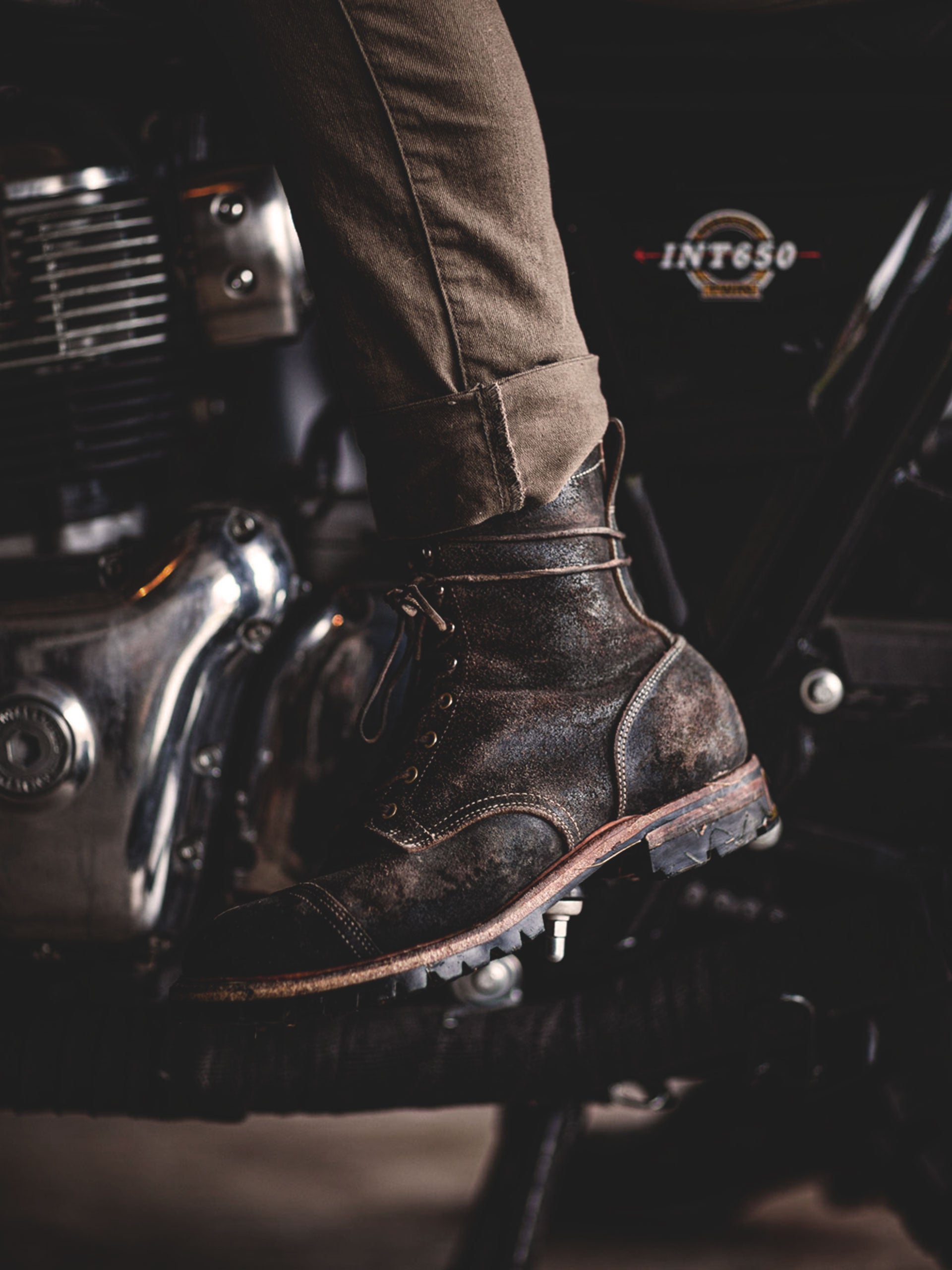 worn in pair of truman boots in black waxed flesh leather, heavy patina