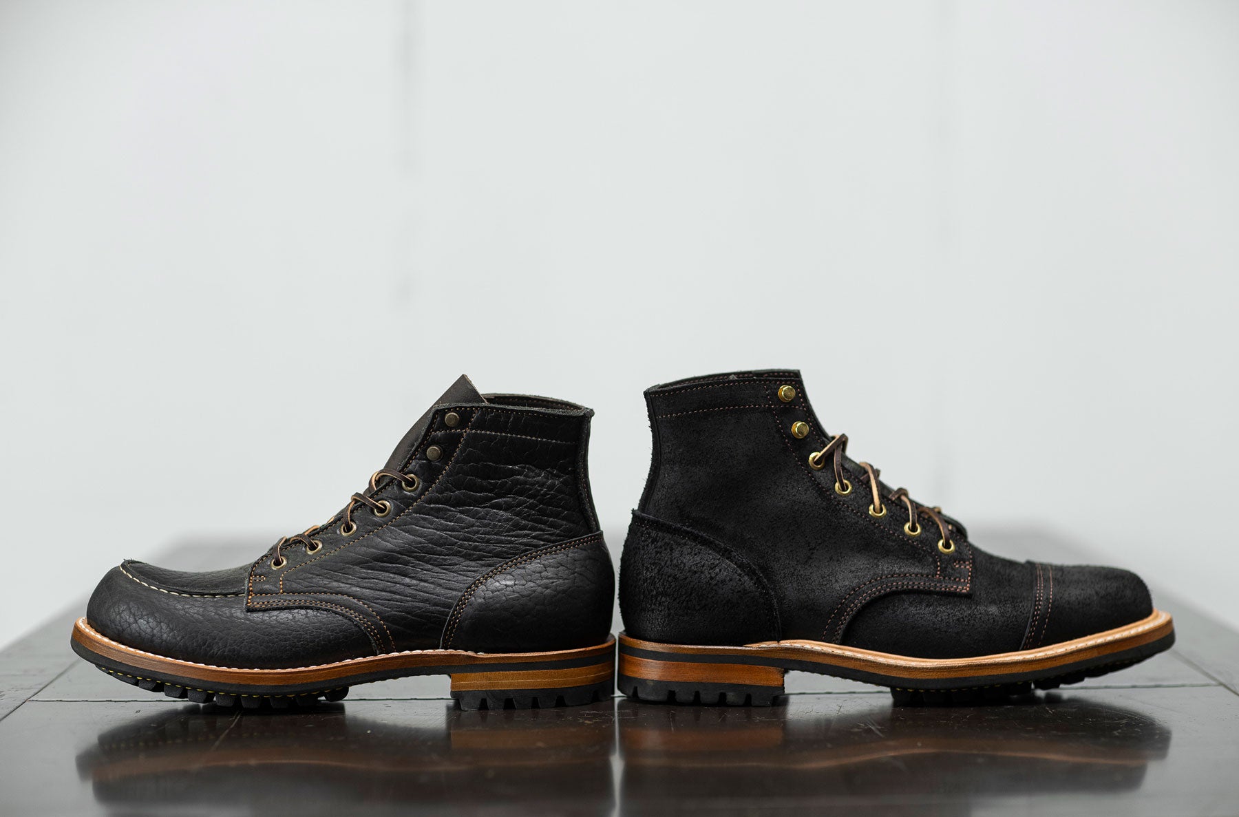 how does black shrunken bison compare to black oiled rough out leather?