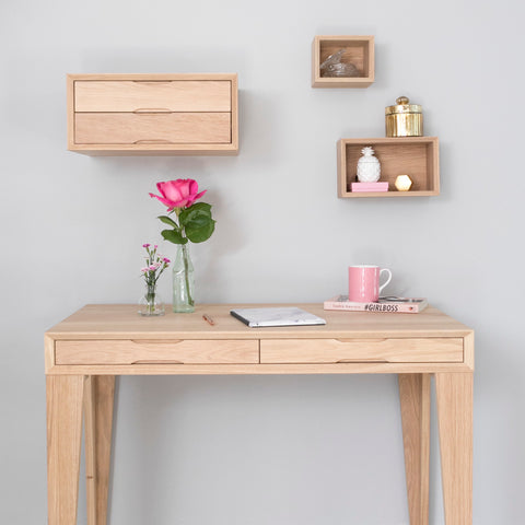 oak desk with wall storage