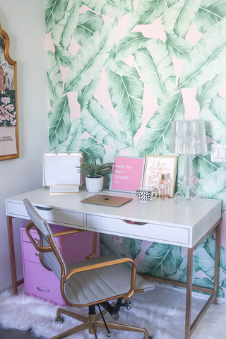 white and pink home office