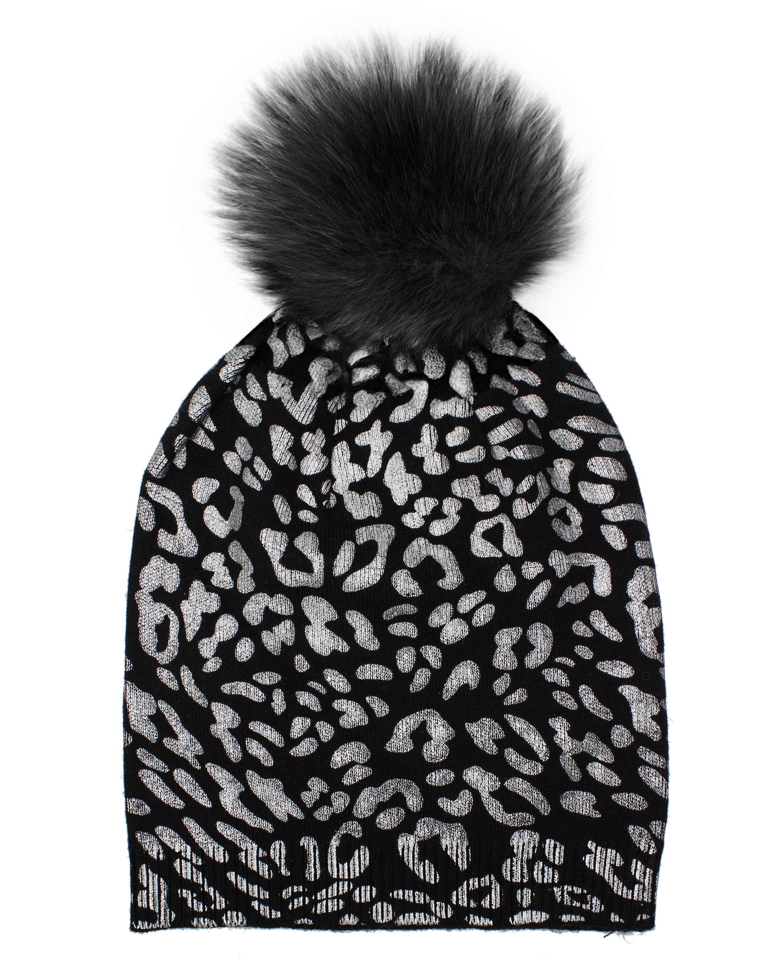 Silver Leopard Design Wool Hat With A Faux Fur Pom
