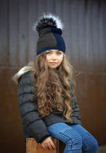 Color Block Knit Hat with Choice Of Genuine Raccoon Fur Pom Winter Hat Manière 