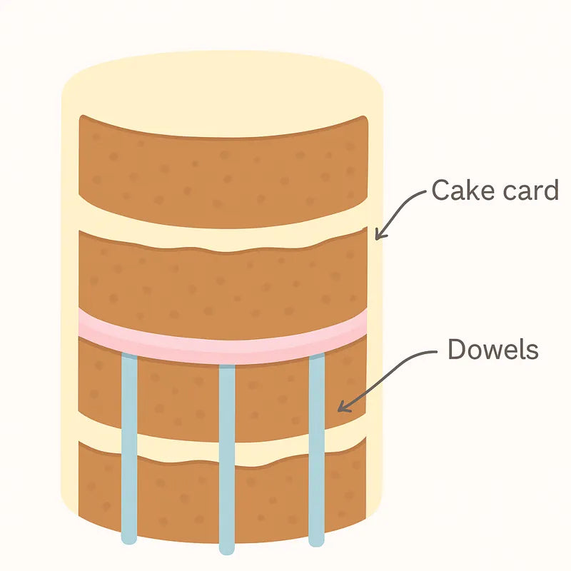A cross-sectional diagram of a tiered cake showing support dowels beneath a cake card between layers.