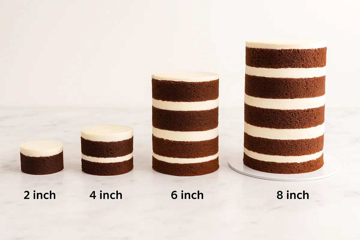 A lineup of chocolate and cream cakes showing height differences: 2 inch, 4 inch, 6 inch, and 8 inch – perfect for cake layer height comparison.