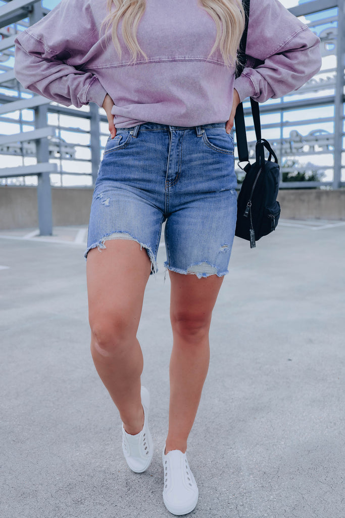 Lissa Mid Thigh Distressed Shorts - Light