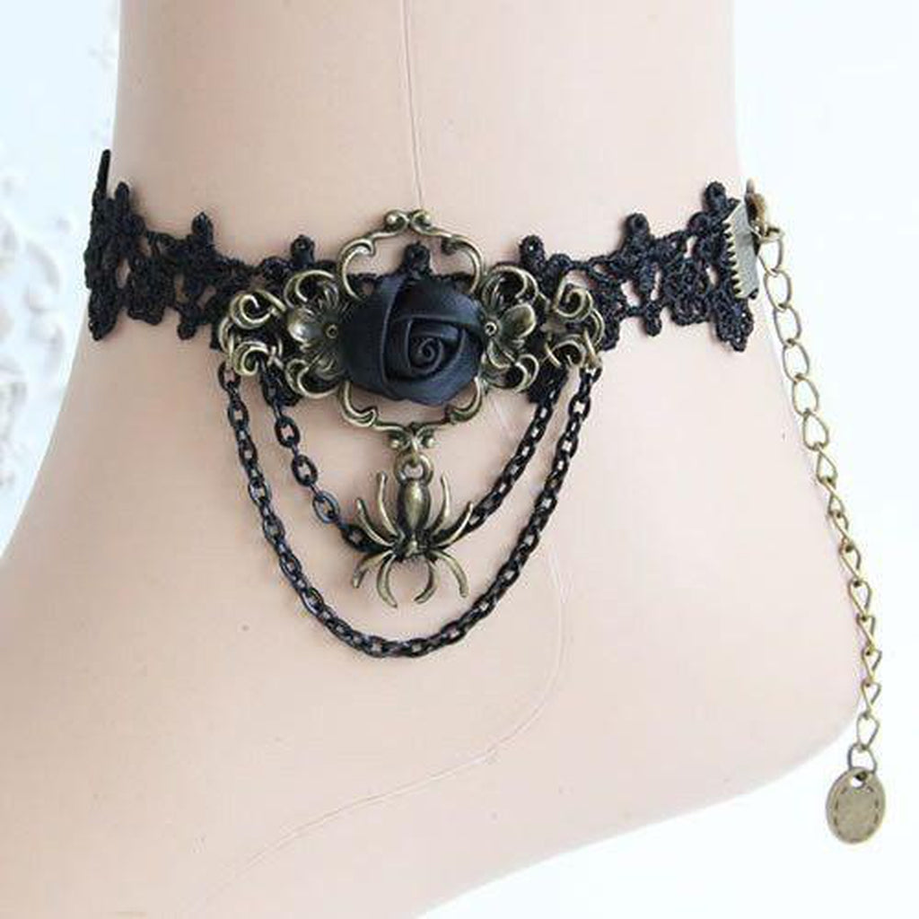 Black Lace Goth Anklet Rose and Spider Design - Dark Fashion Clothing