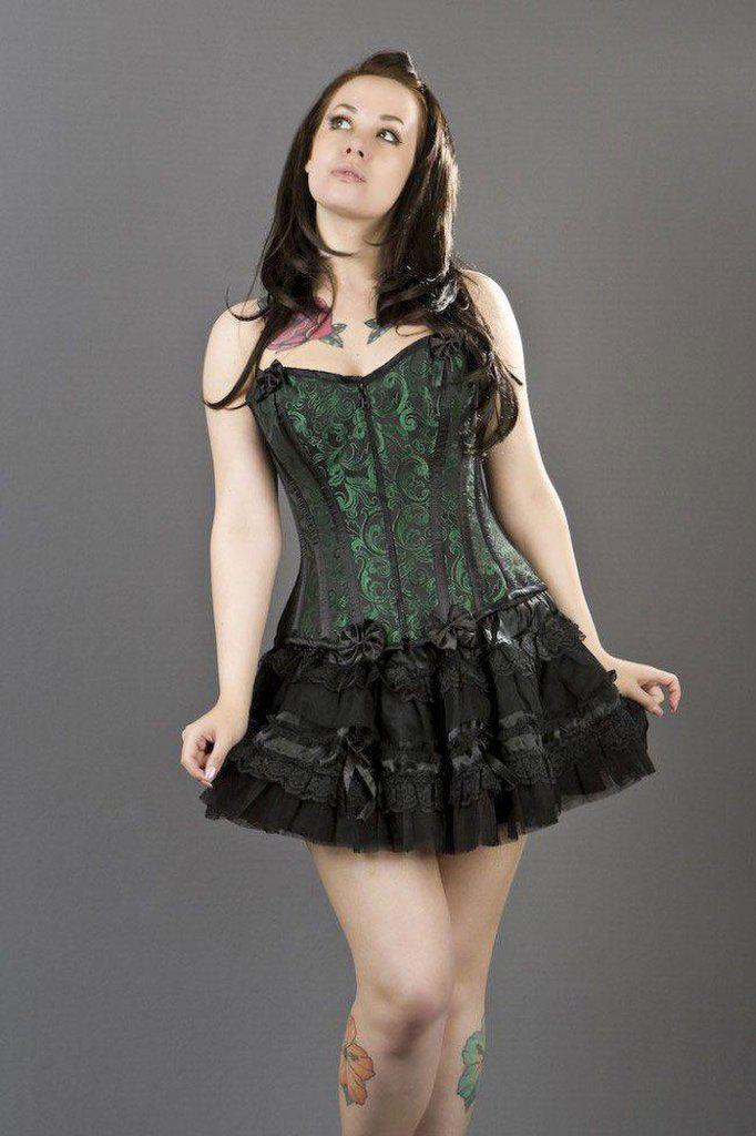 Green Satin Black Sequins Gothic Burlesque Overbust Corset